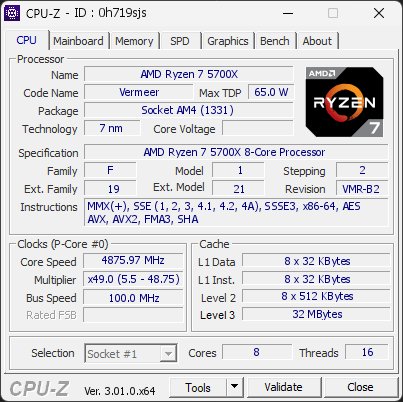 CPU-Z screenshot for 0h719sjs
