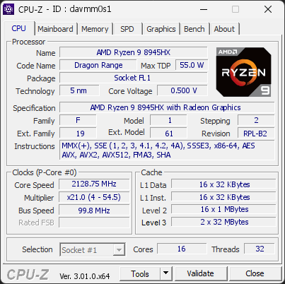 CPU-Z screenshot for davmm0s1
