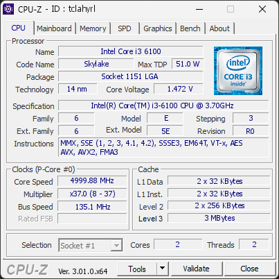 CPU-Z screenshot for tclahyrl