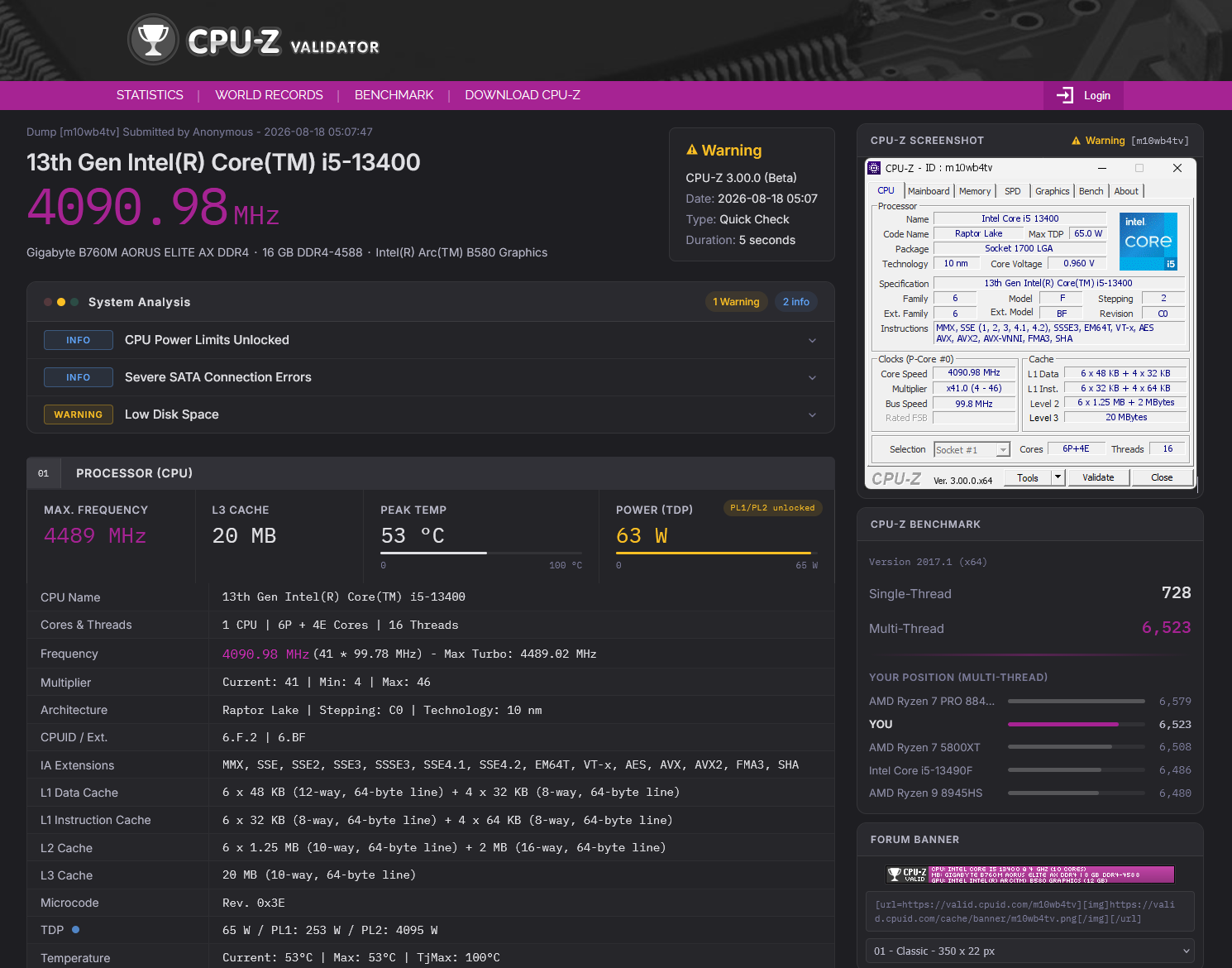 The new CPU-Z Validator V3 page