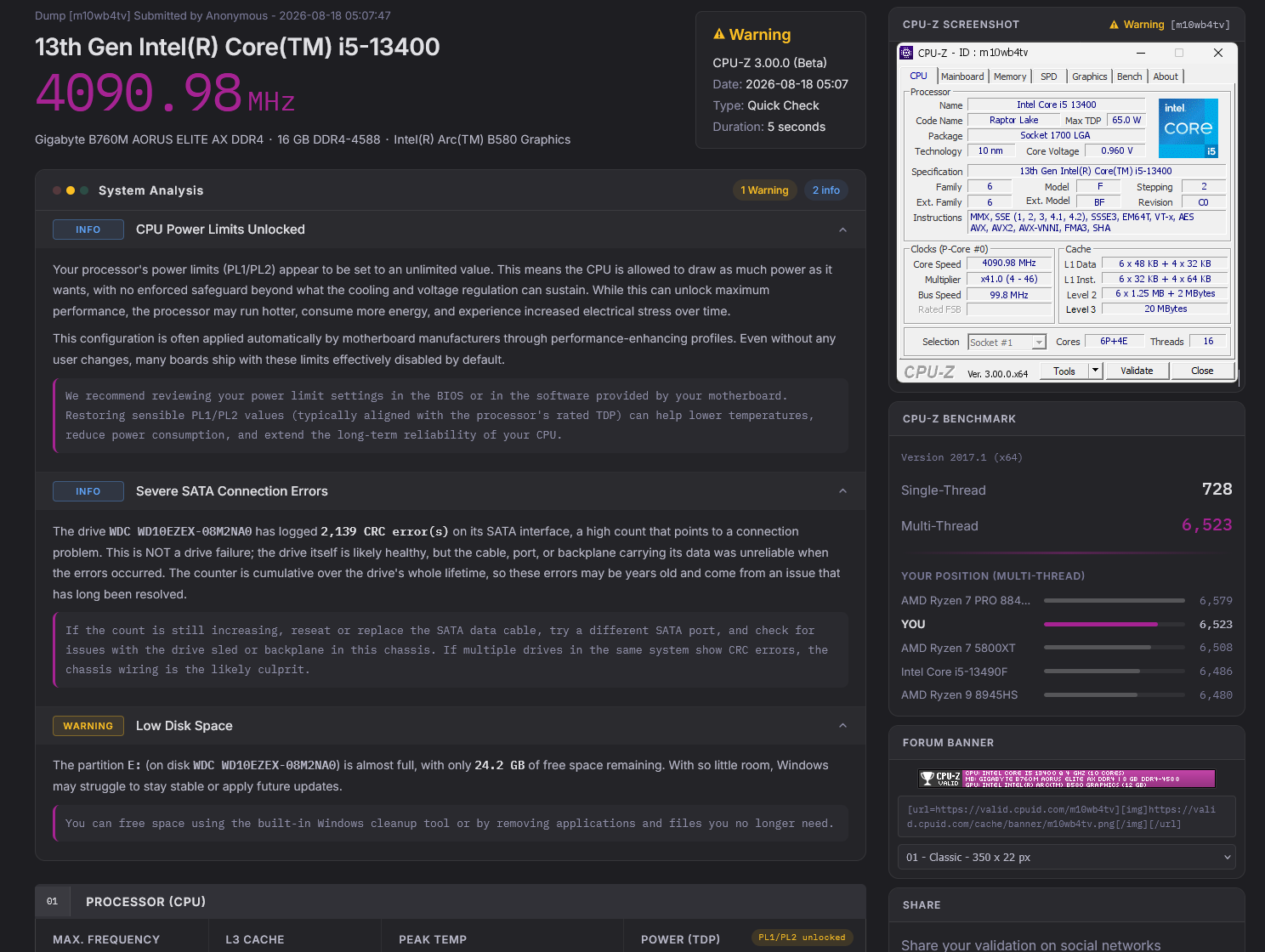 Standard Validation: health status and system analysis messages